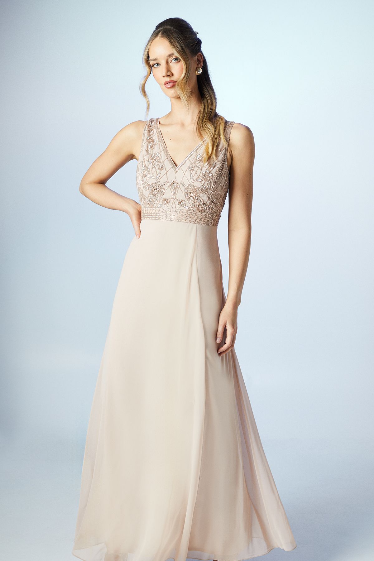 Coast V Neck Embellished Bodice Georgette Bridesmaid Dress Mocha image 2