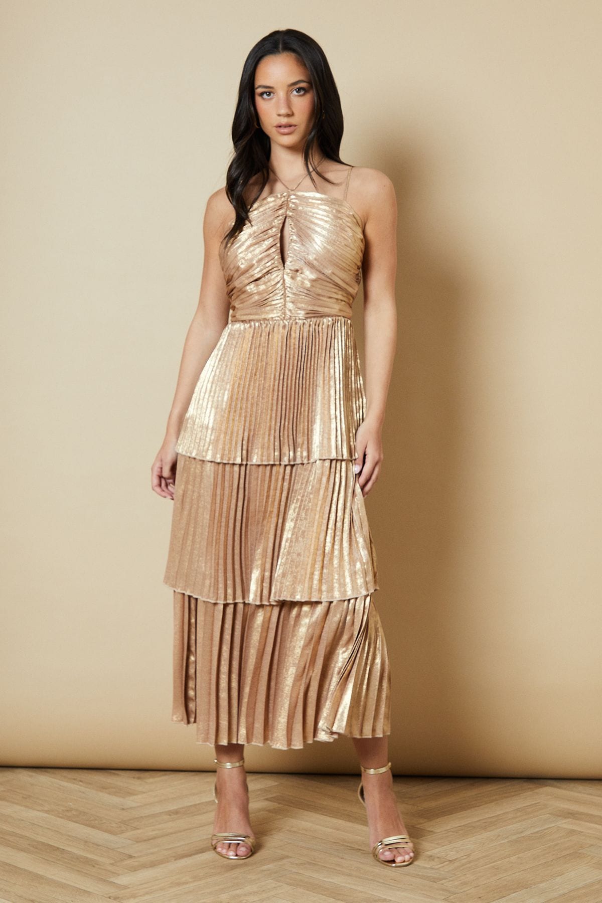 Oasis Metallic Satin Tie Neck Mini Dress Gold image 2