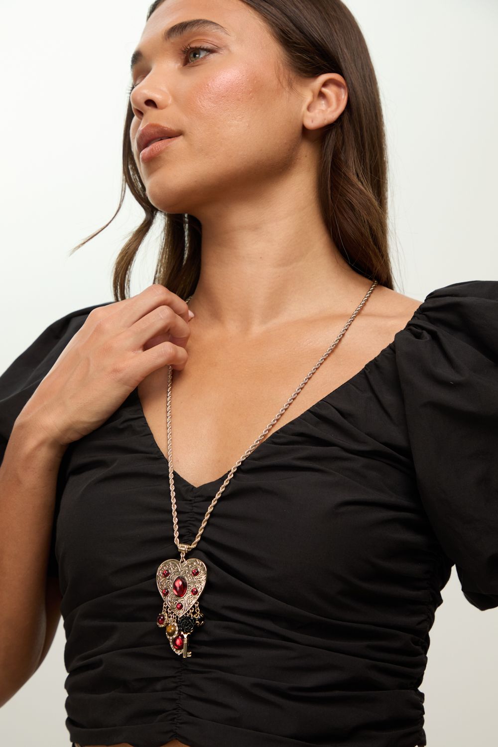 Mood Antique Gold & Red Resin Heart Charm Long Necklace image 2