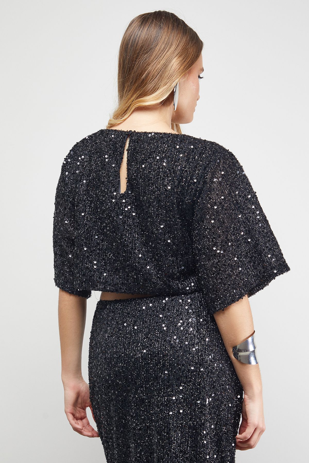 Warehouse Tinsel Sequin Cropped Tshirt Co ord Black image 3