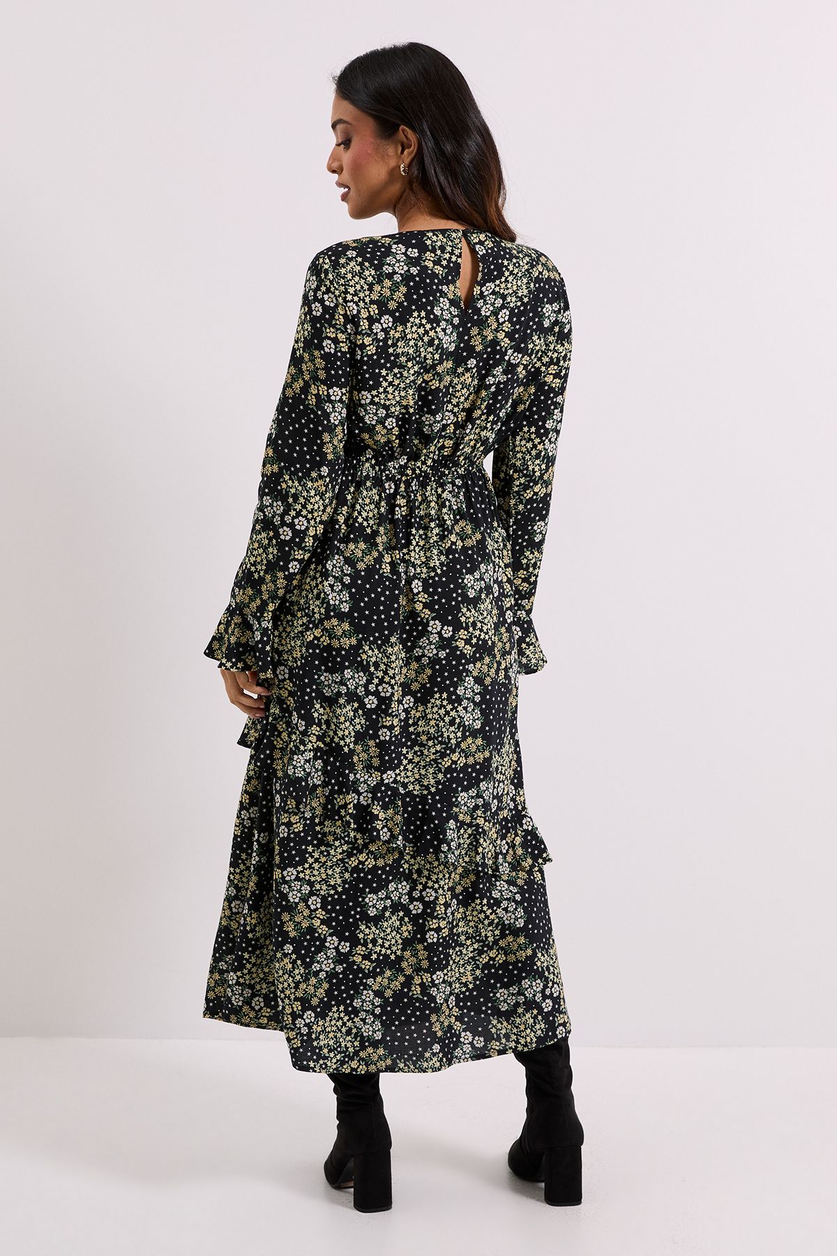 Dorothy Perkins Petite Frill Sleeve Ruffle Detail Printed Midi Dress Black image 3