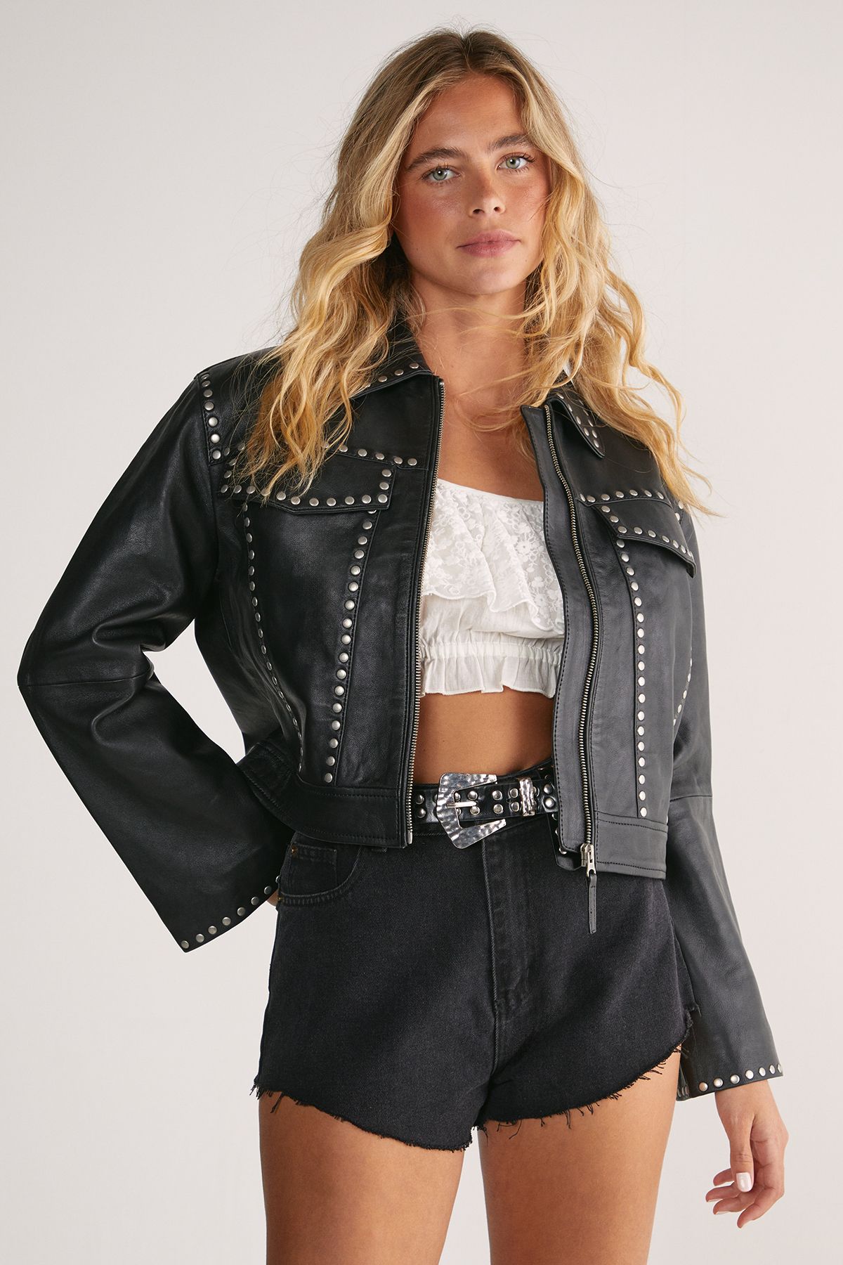 NastyGal Real Leather Studded Cropped Jacket Black