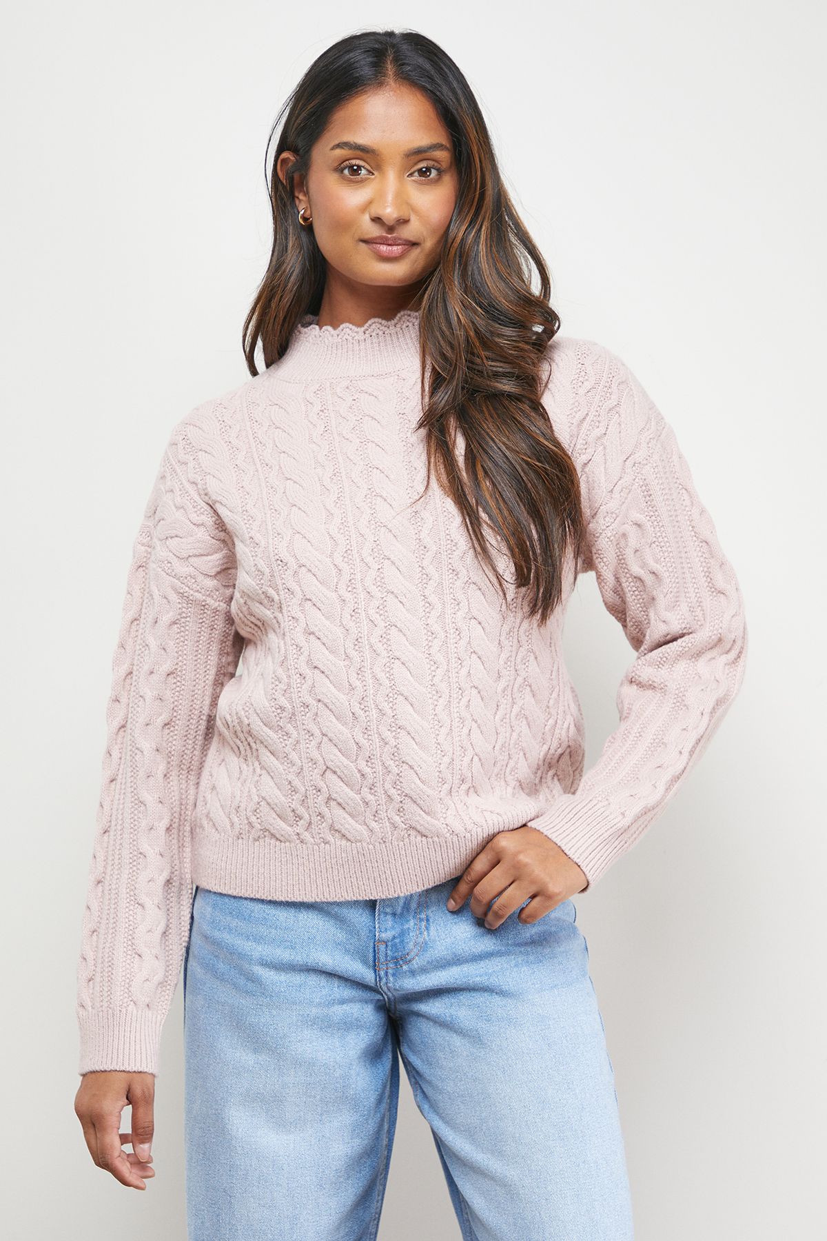 Oasis Wavy Cable Detail Scalloped Neck Jumper Rose image 1