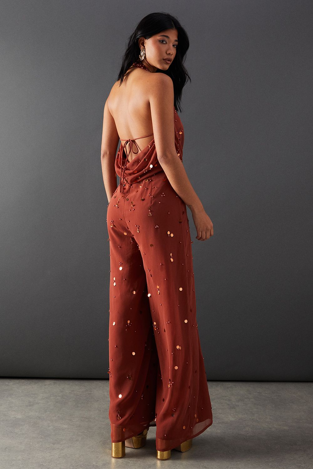 Warehouse Rust Hand Embellished Sequin Drop Bead Cowl Neck Jumpsuit | PLT