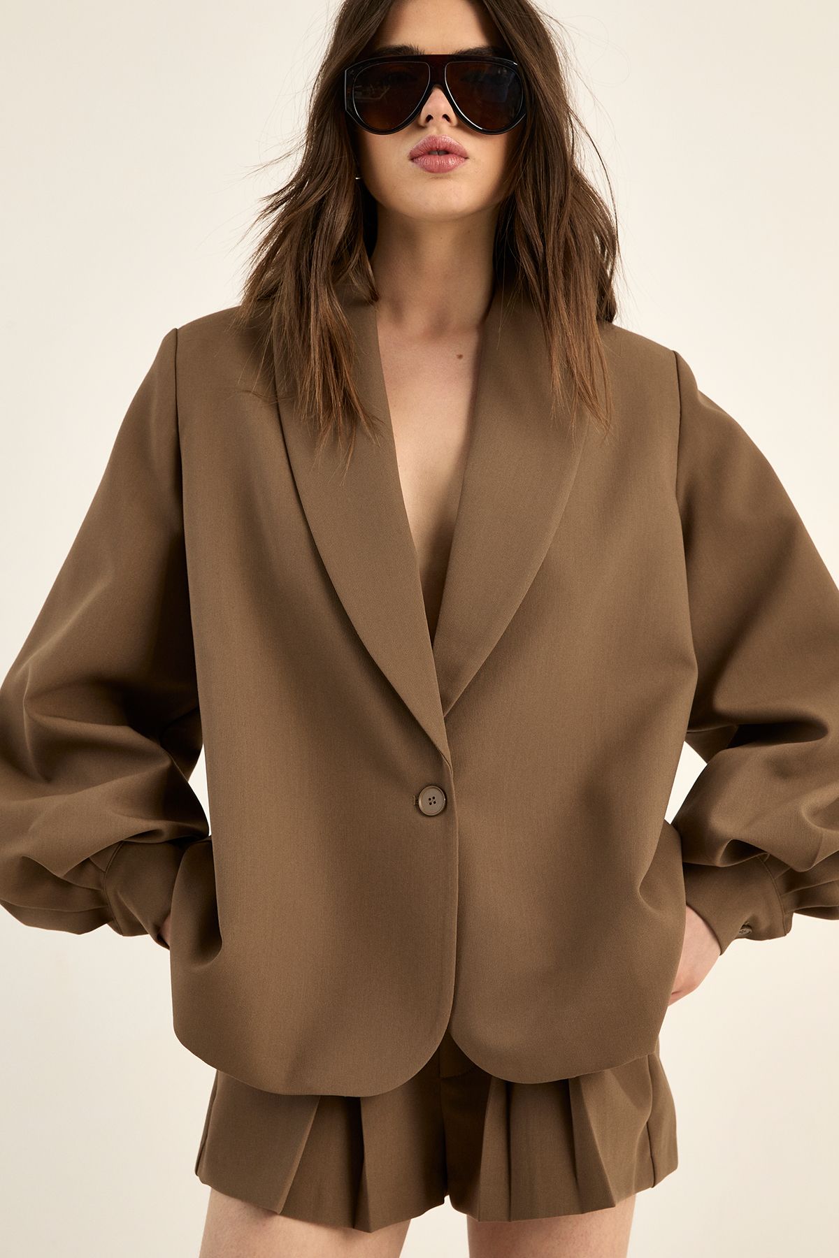 NastyGal Tailored Oversized Balloon Sleeve Blazer Brown image 1