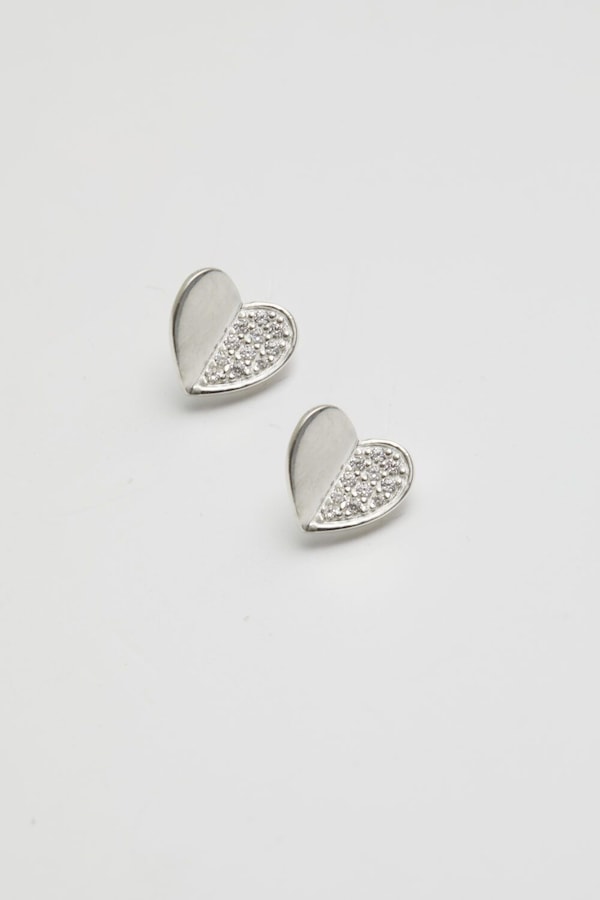 Simply Silver Recycled Sterling Silver 925 Mini Heart Polished And Pave Stud Earrings