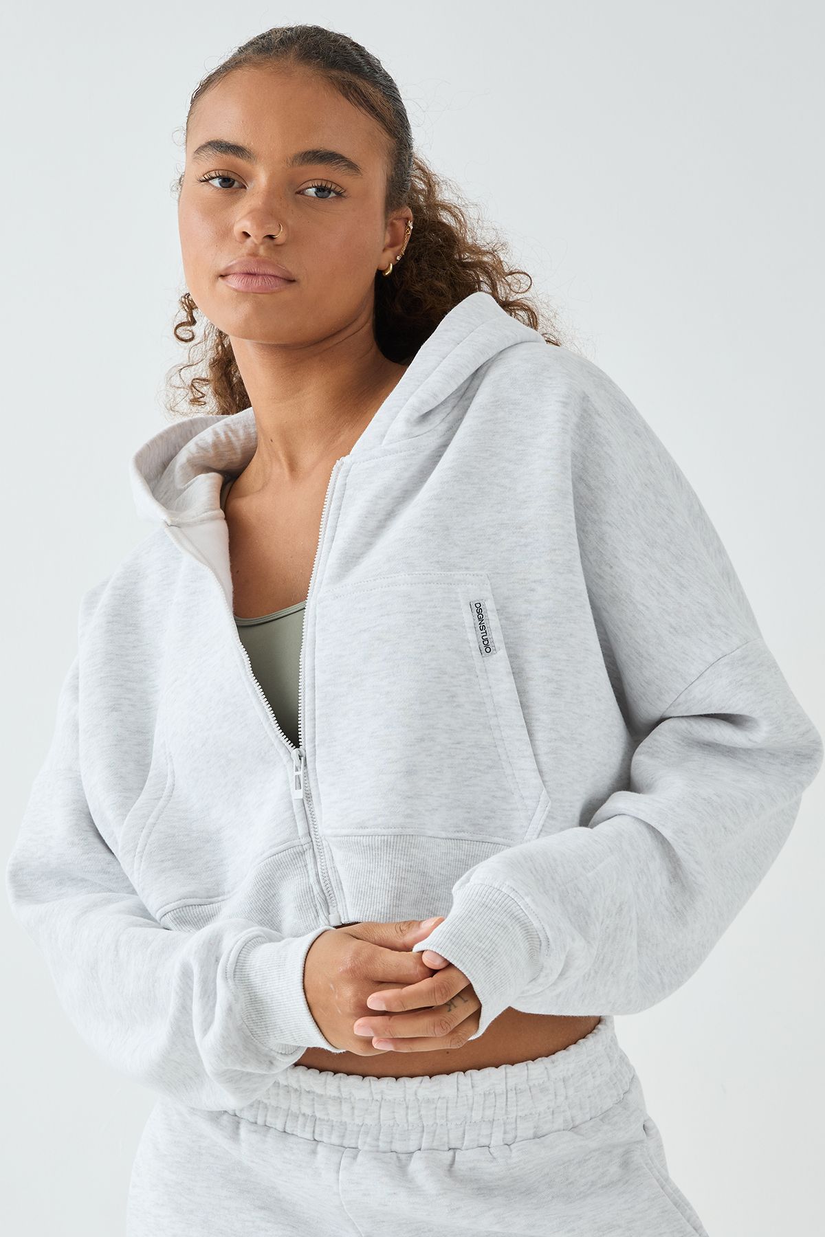 DSGN Studio DSGN Studio Boxy Crop Zip Through Hoodie Ash Grey image 5