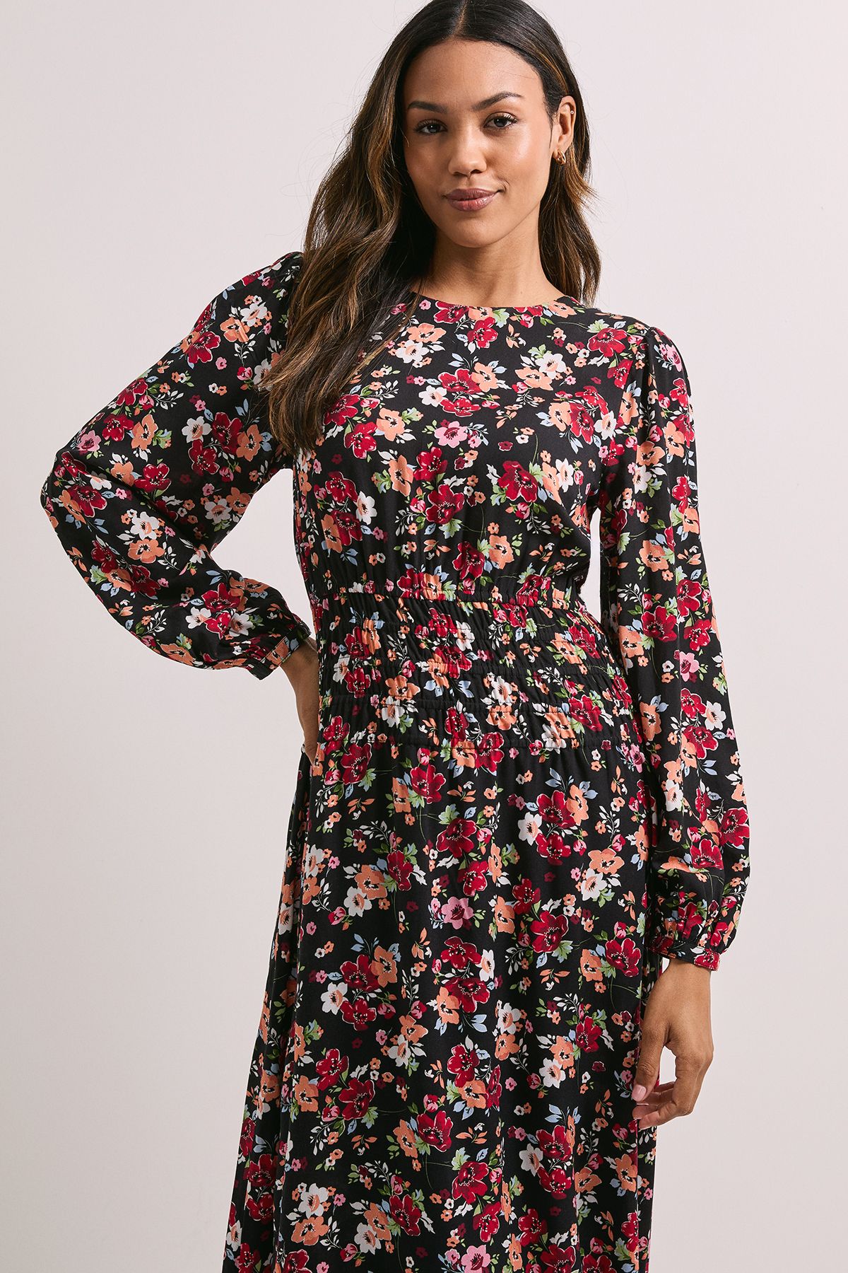 Dorothy Perkins Shirred Dropped Waist Detail Printed Midi Dress Orange image 2