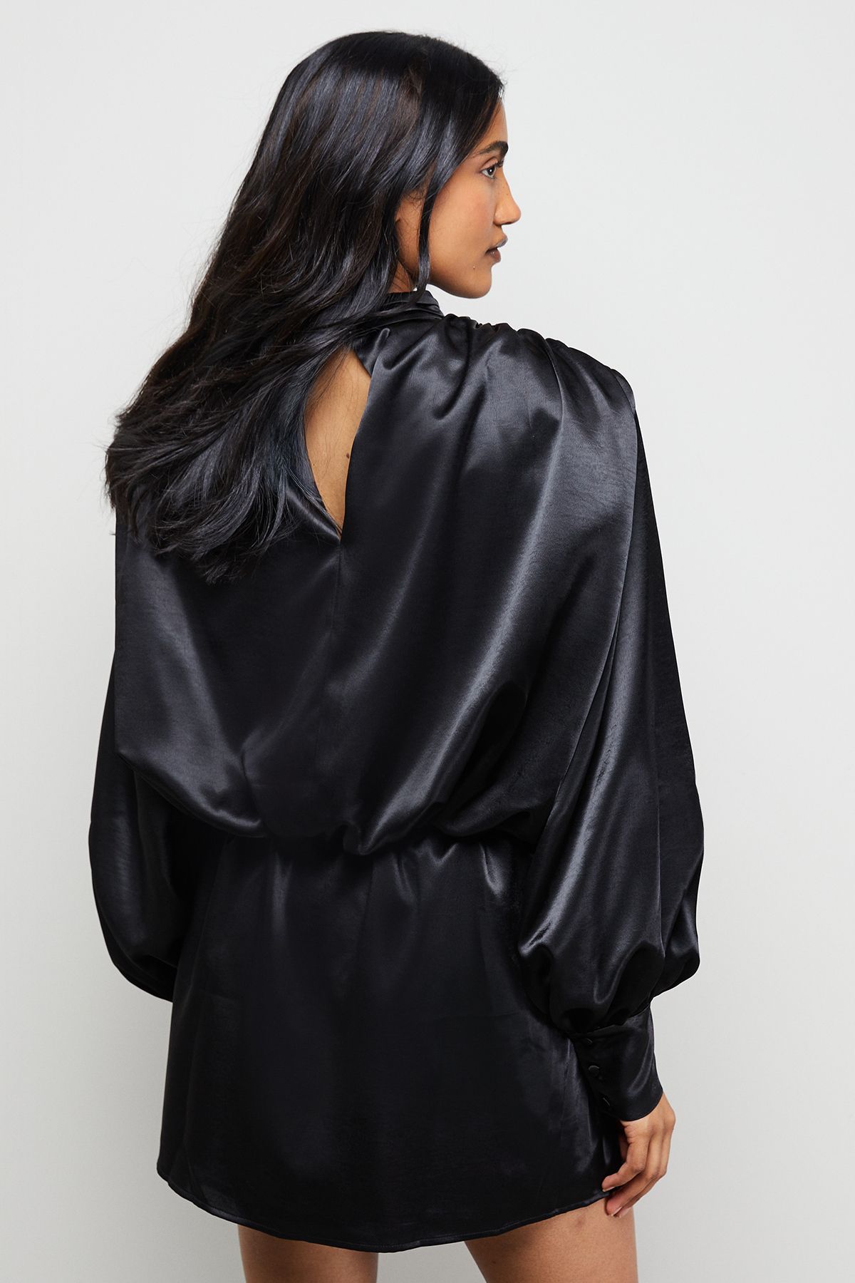 Warehouse Extreme Shoulder Draped Satin Mini Dress Black image 3