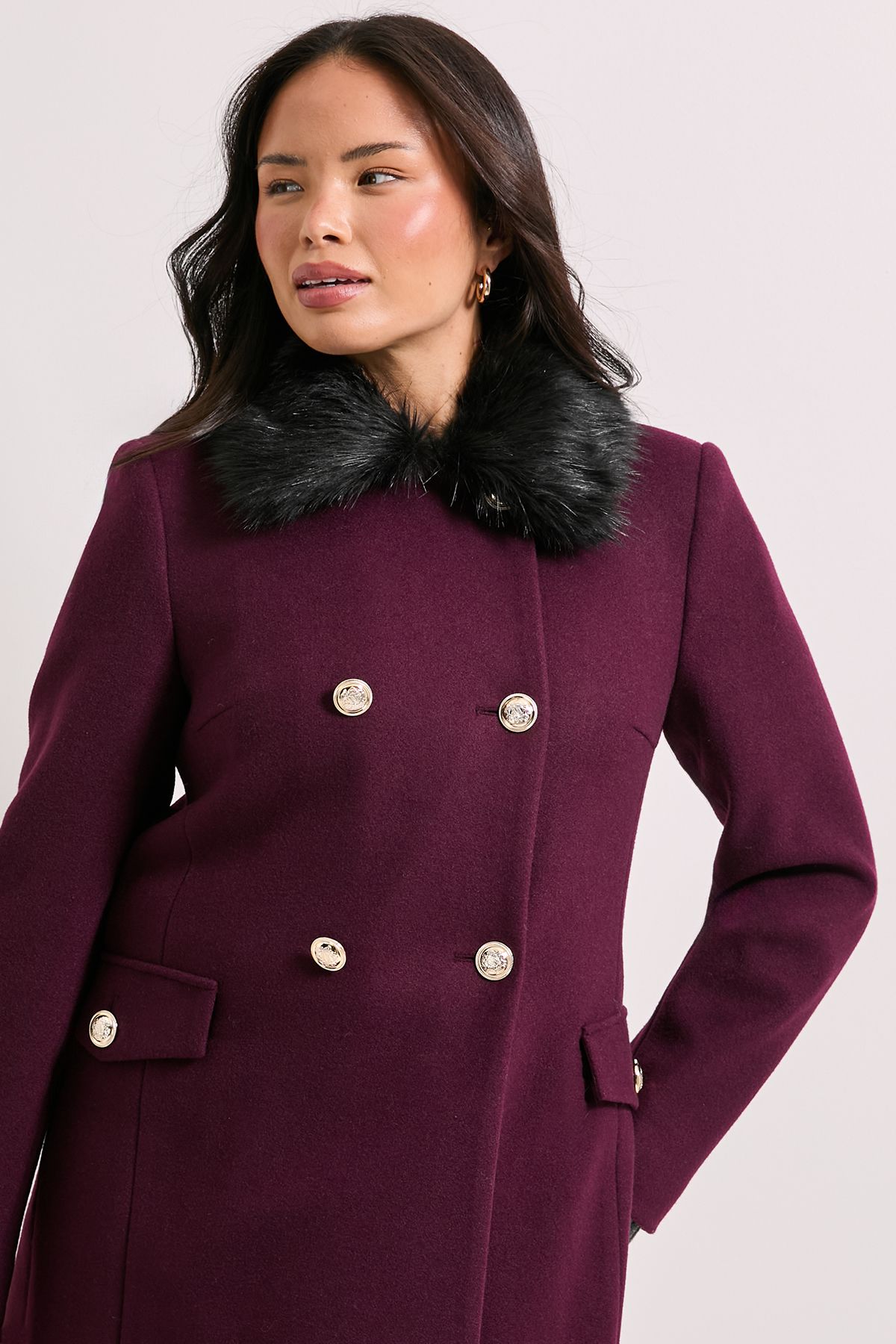 Dorothy Perkins Faux Fur Collar Dolly Coat Burgundy image 2