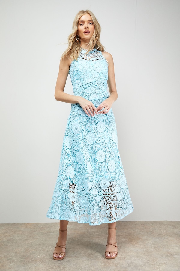 Oasis Lace Detail High Neck Midi Dress Aqua