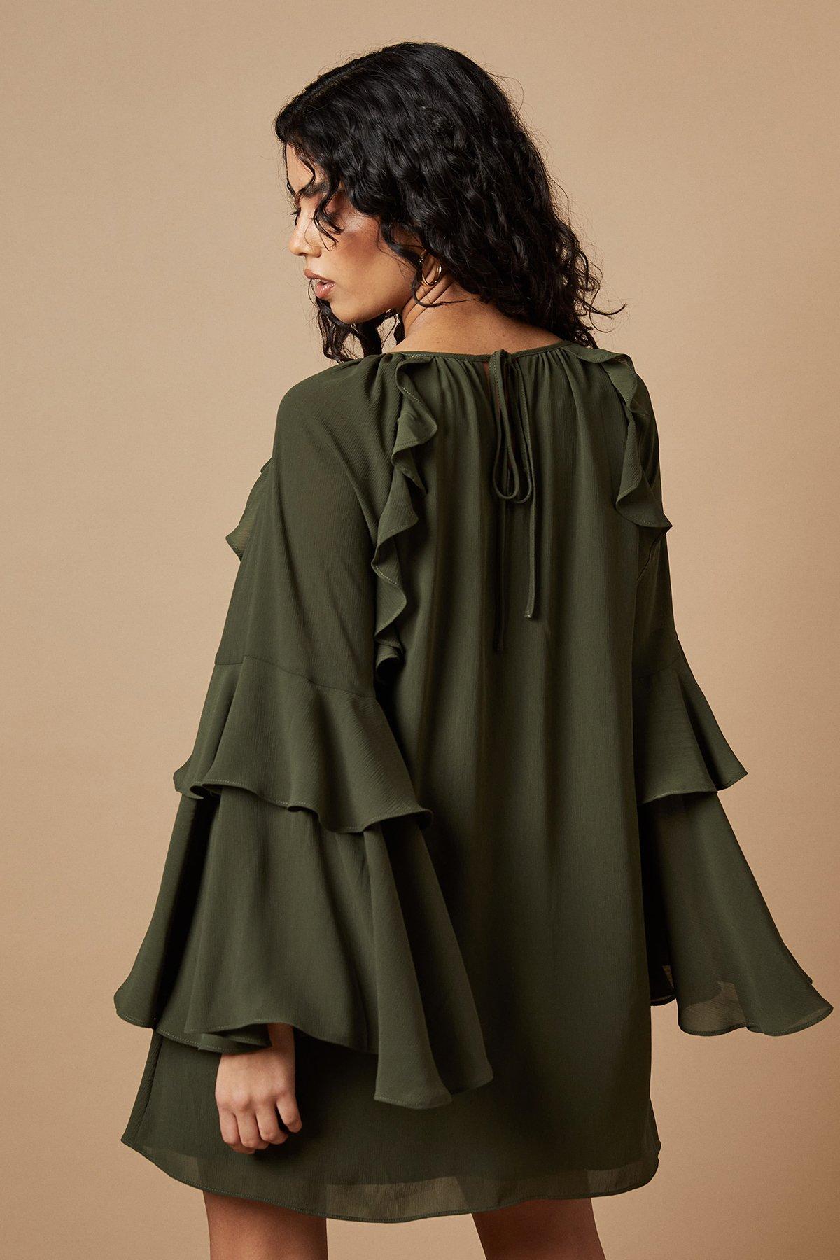 Oasis Petite Chiffon Ruffle Sleeve Mini Dress Khaki image 3