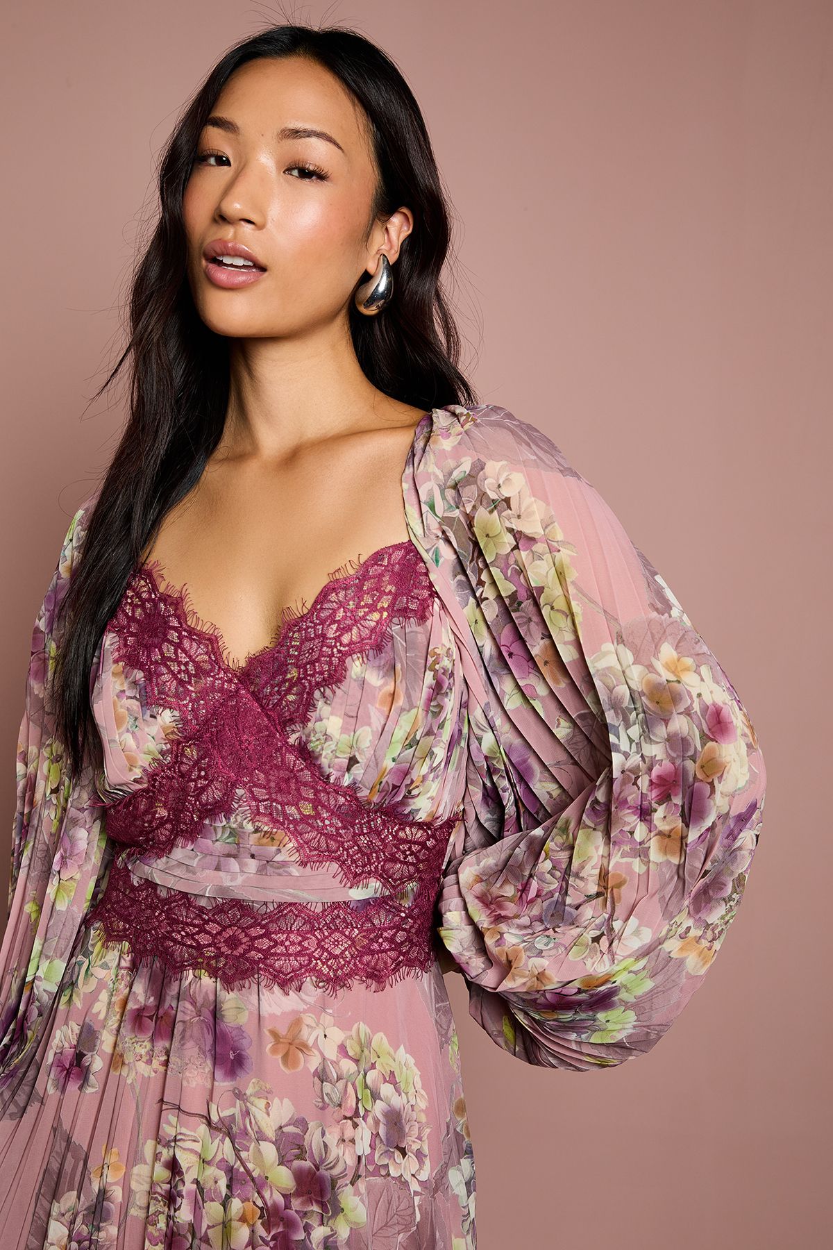 Coast Long Sleeve Pleated Lace Trim Midaxi Dress Pink image 4