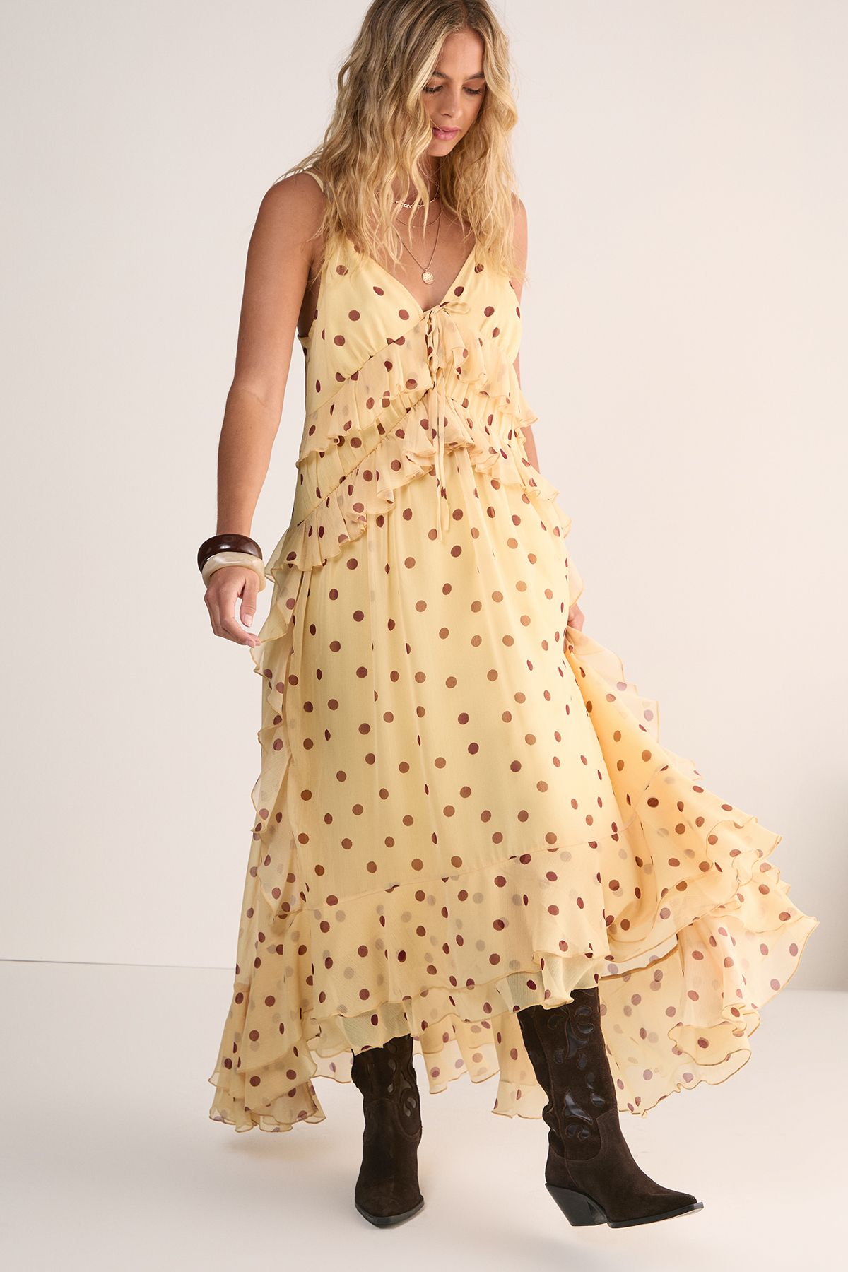 NastyGal Polka Dot Ruffle Tie Front Maxi Dress Lemon image 3