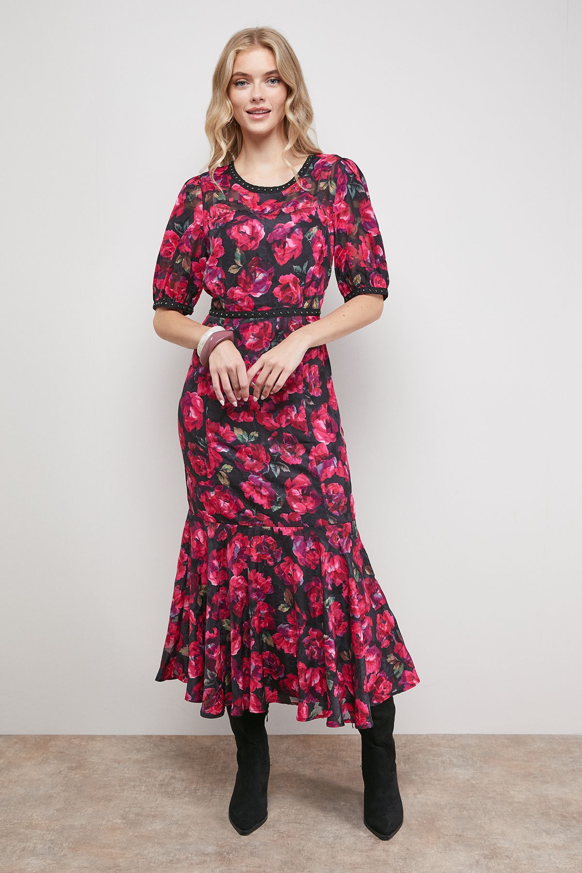 Oasis Printed Jacquard Stud Trim Detail Puff Sleeve Midi Dress Multi image 1