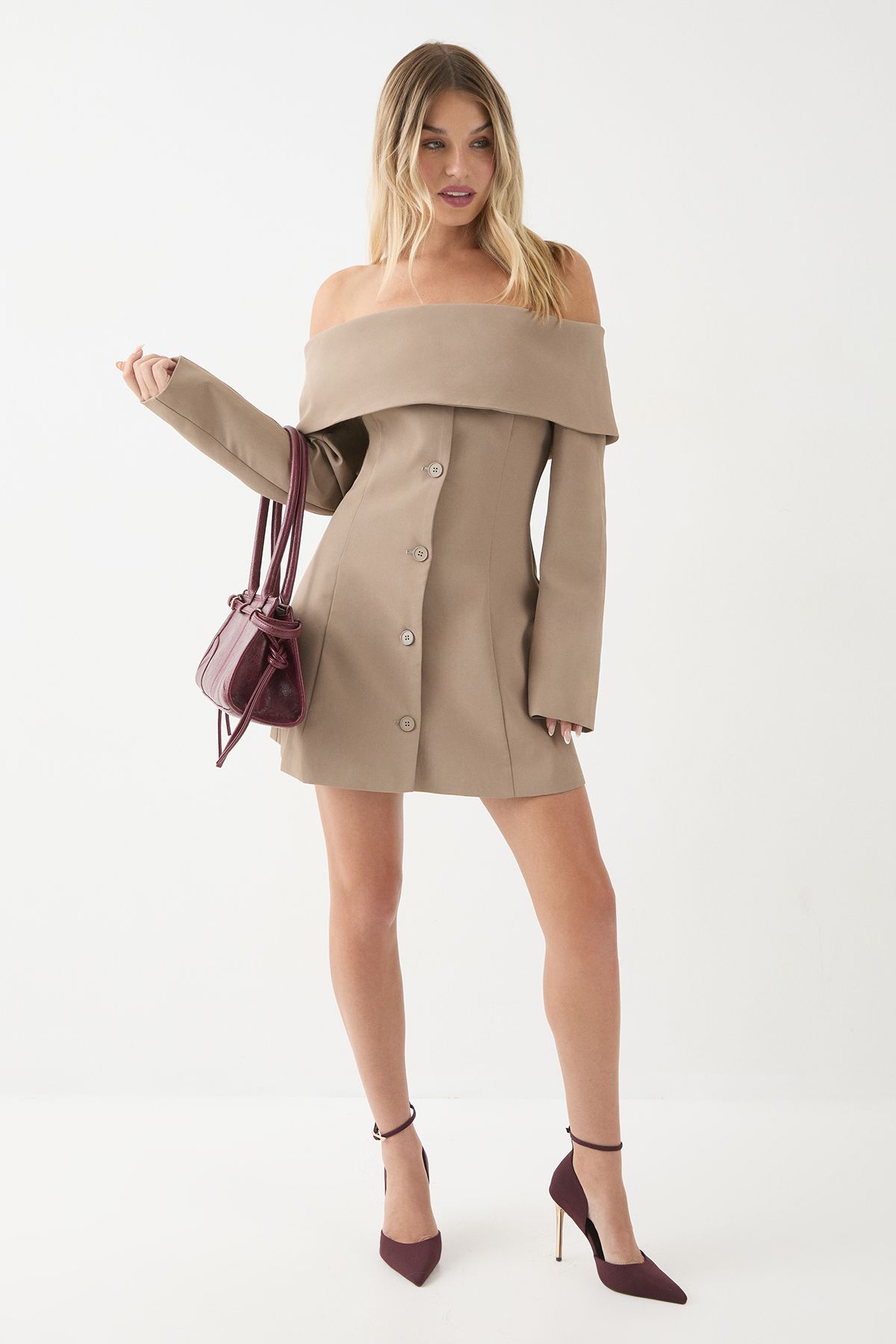 MissPap Tailored Bardot Blazer Mini Dress Taupe image 1