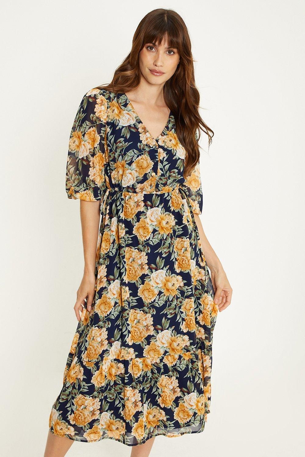 Oasis Floral chiffon button front midi dress Navy image 1