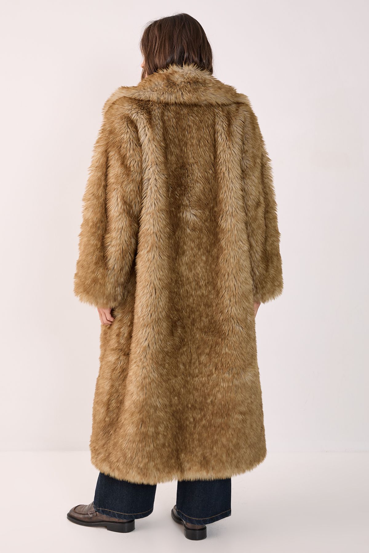NastyGal Faux Fur Collared Longline Coat Brown image 3