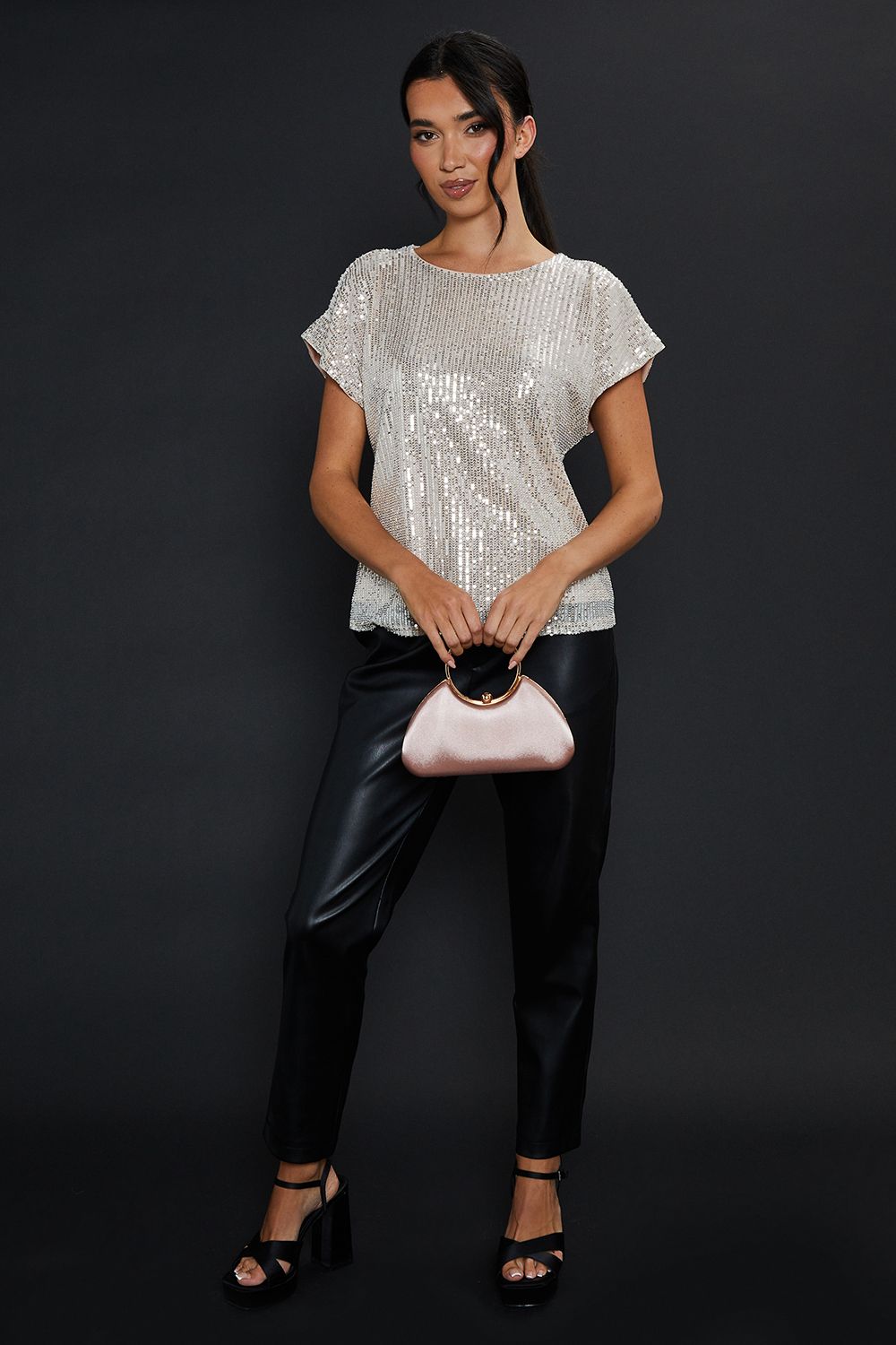 Dorothy Perkins Sequin Keyhole Shoulder Short Sleeve Top Champagne image 4