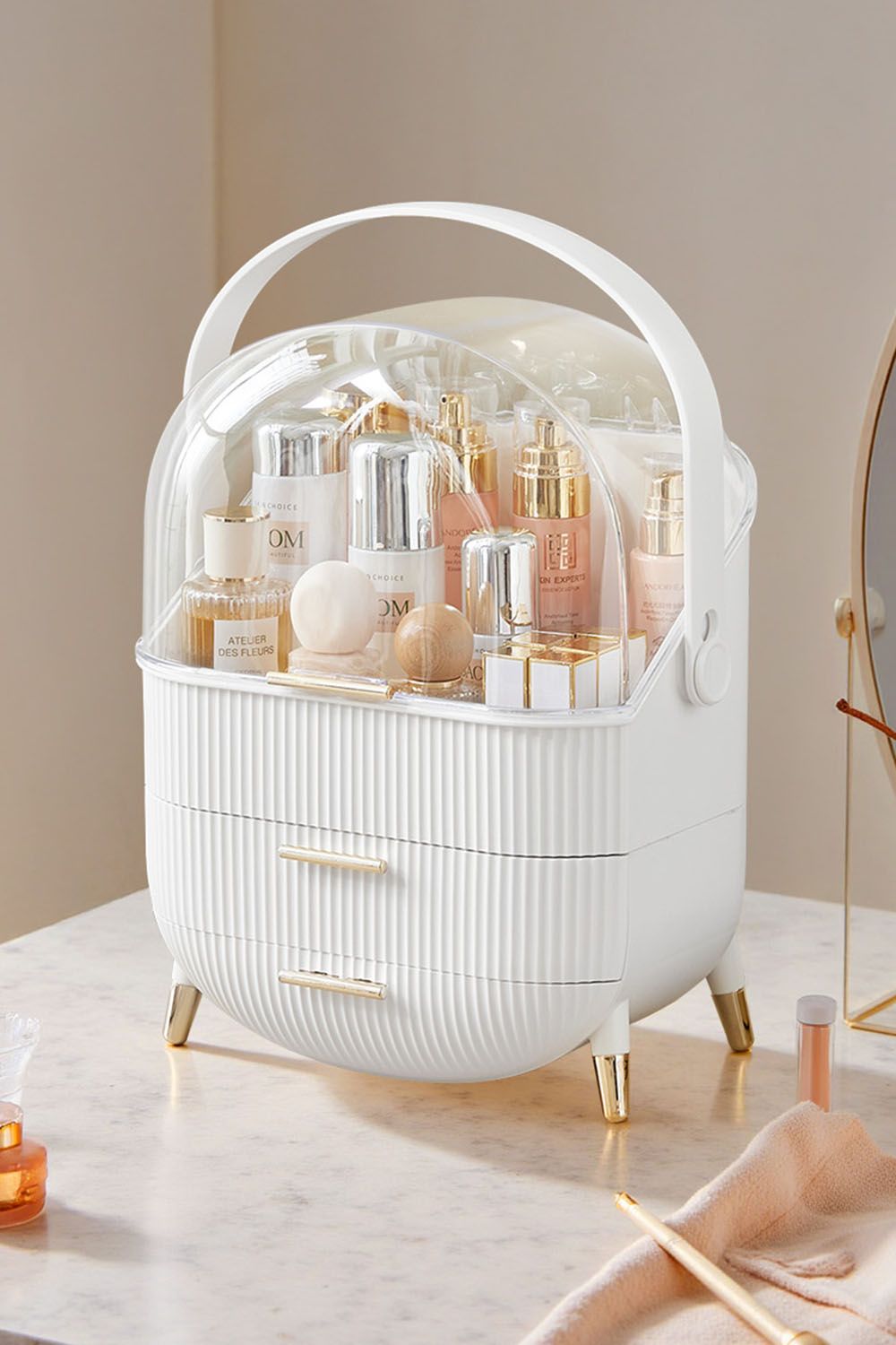 SHEONLY Cosmetic Organizer Skincare Display Box With 2 Layers Of Storage Boxes And Transparent Lid Elegant Makeup Storage Organizer Box with Drawers and Handle image 4