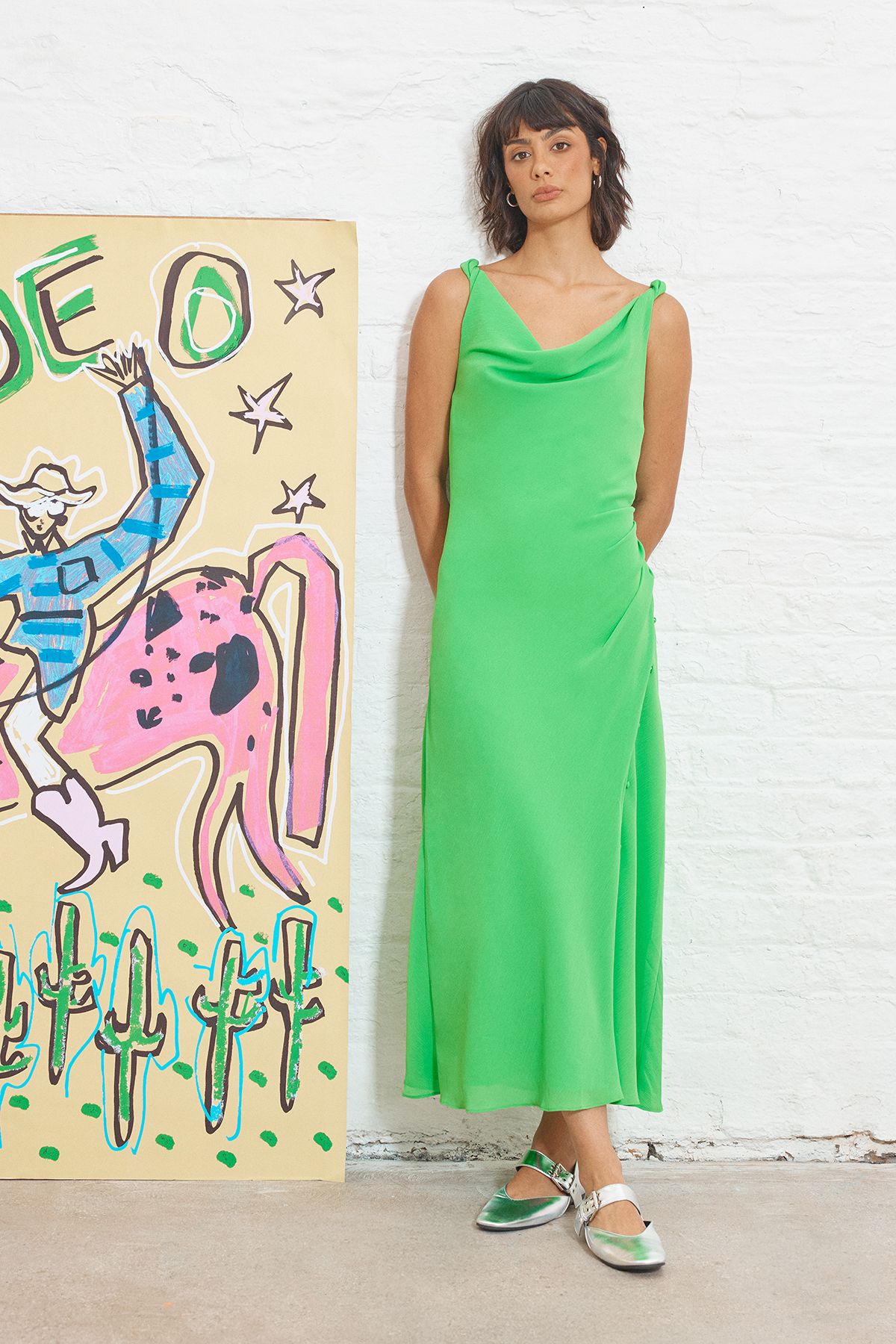 Warehouse Tony Chiffon Cowl Button Wrap Midi Slip Dress Bright Green