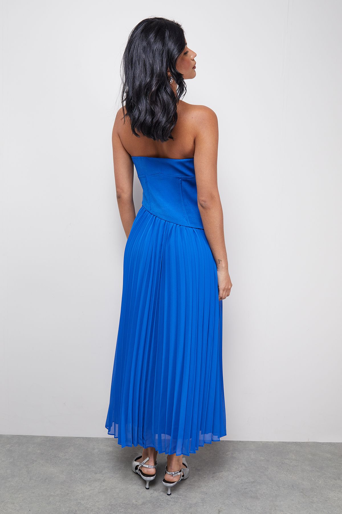 Warehouse Bandeau Bodice Pleated Chiffon Midi Dress Cobalt image 3