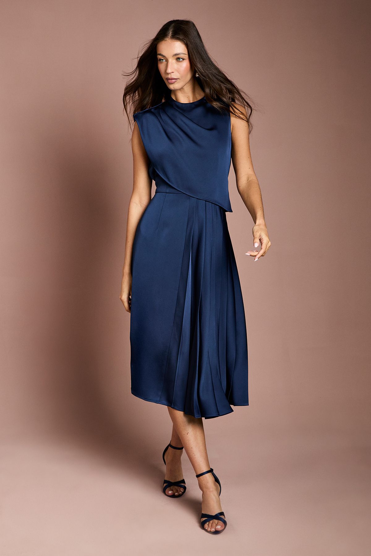 Coast Satin Drape Shoulder Pleated Skirt Midi Dress Navy