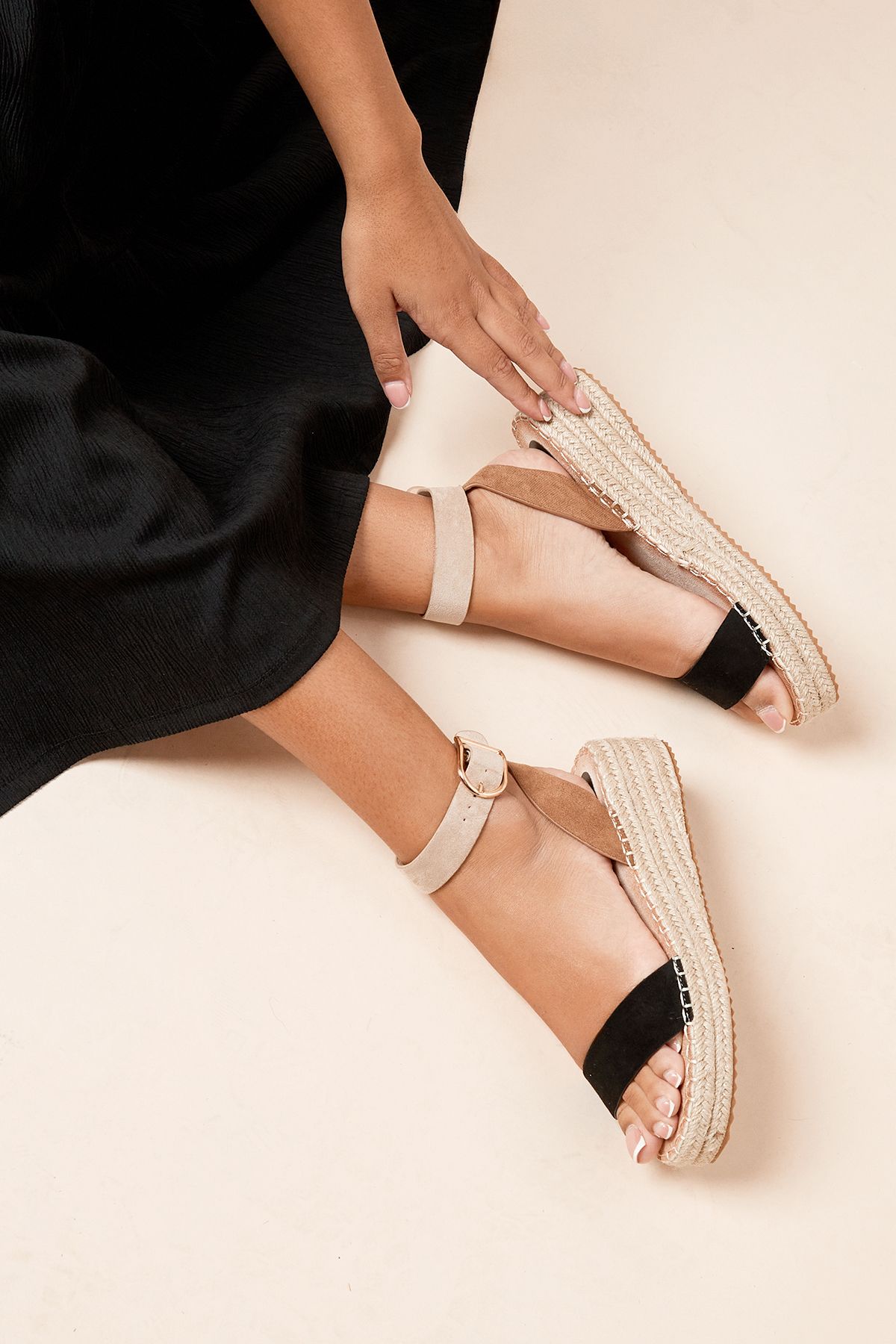 Dorothy Perkins Riva Faux Suede Strap Medium Espadrille Wedge Sandals Natural Black image 1