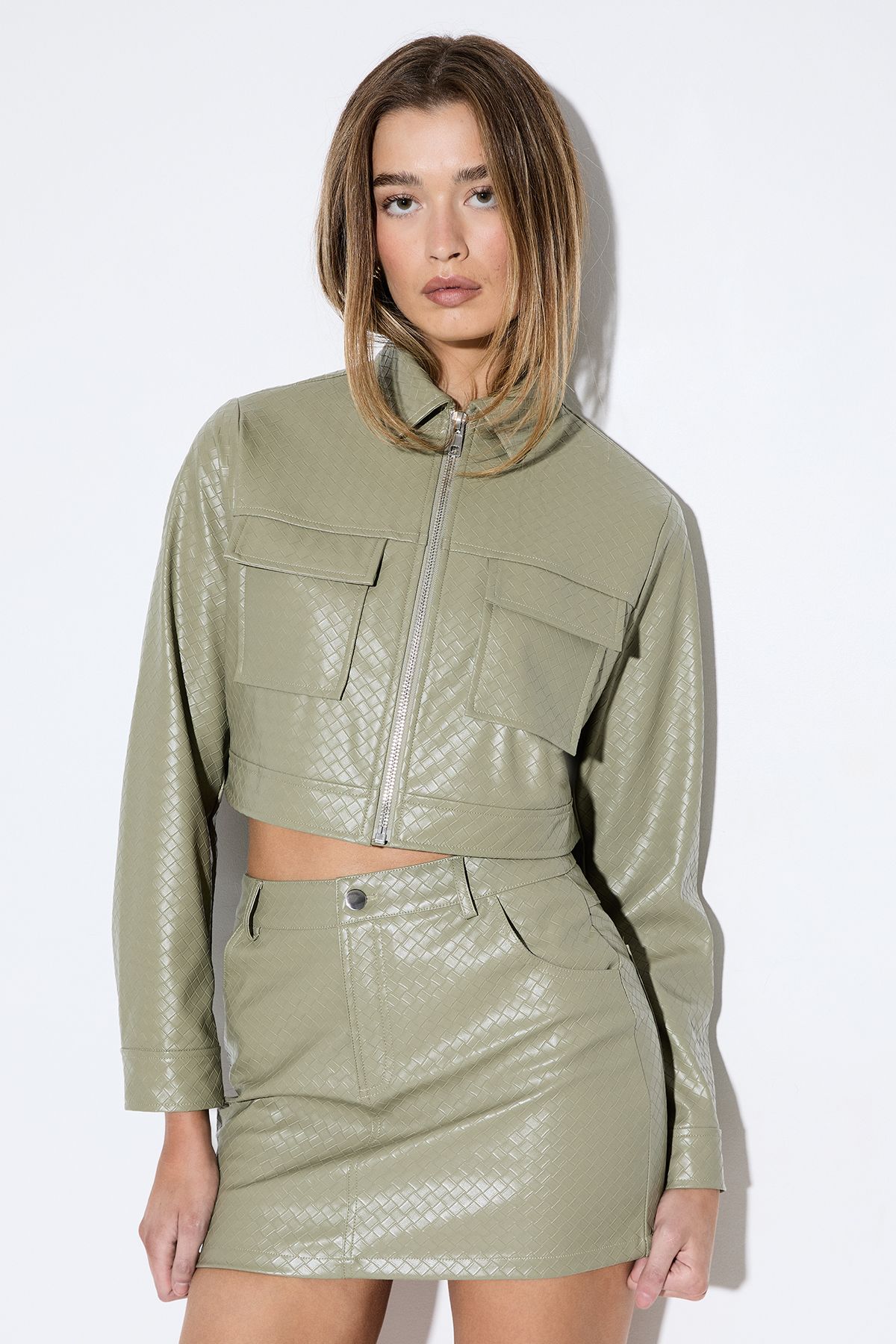 MissPap Woven Detail Faux Leather Jacket Olive