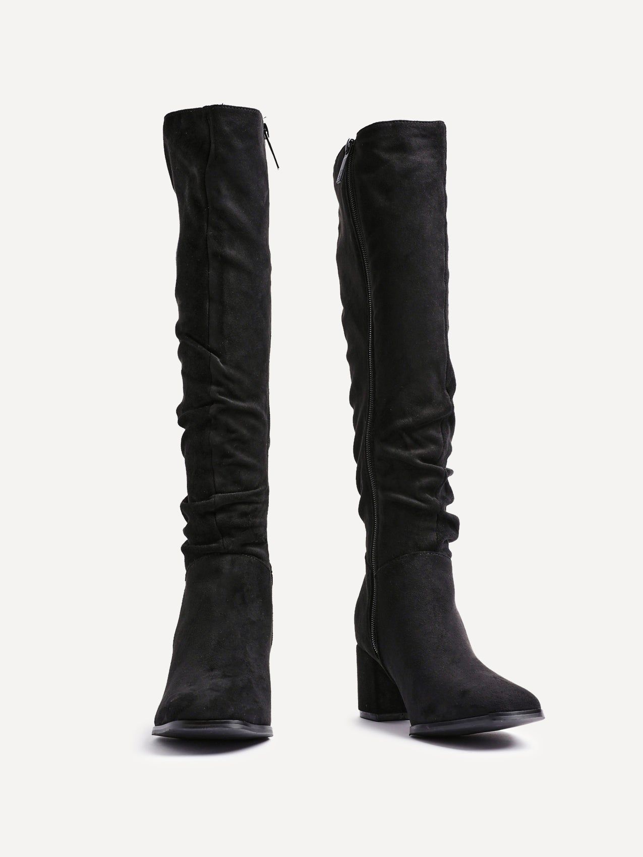 Linzi Margot Black Faux Suede Knee High Block Heeled Ruched Boot image 3