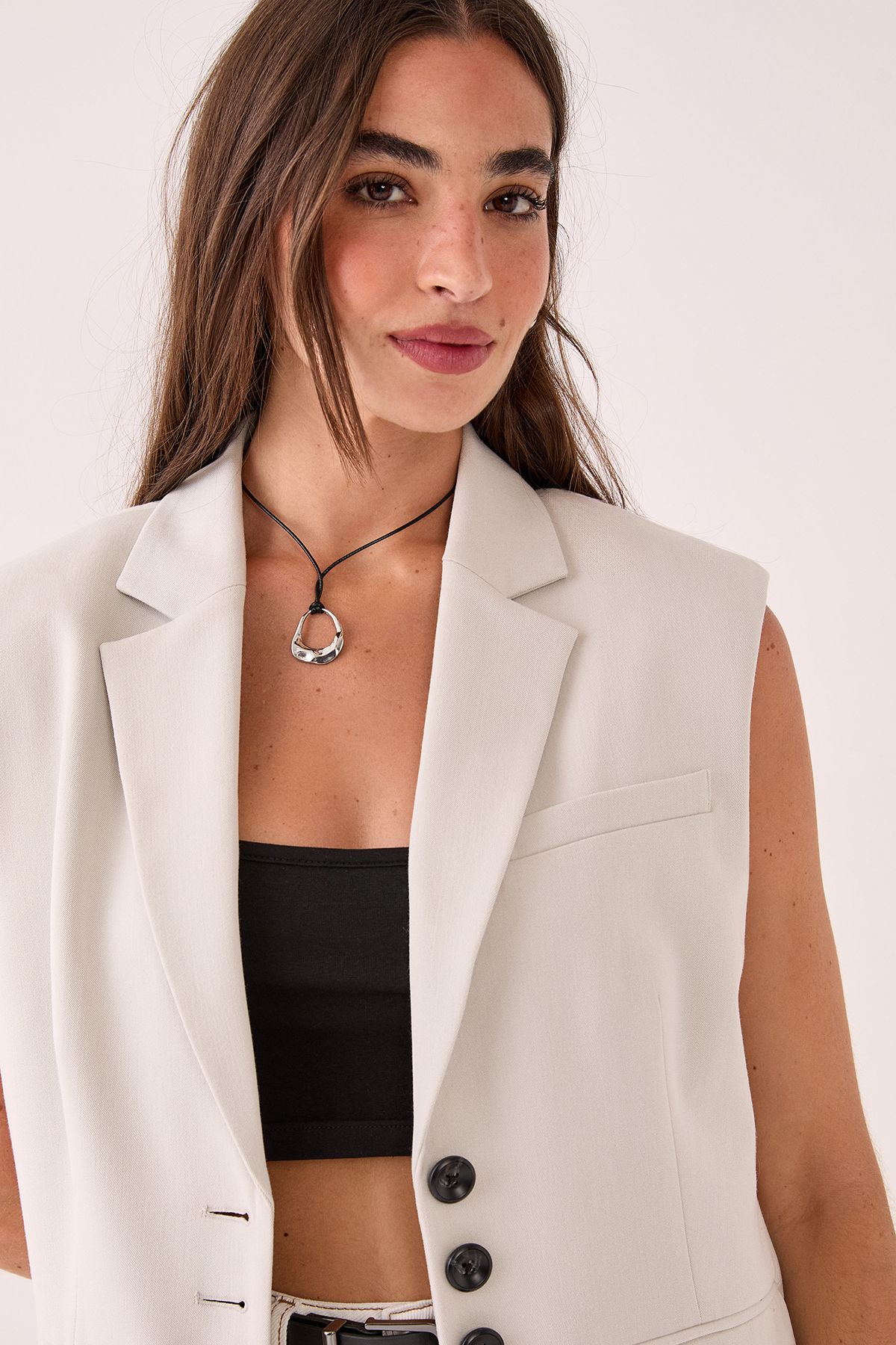 NastyGal Tailored Sleeveless Button Front Blazer Ecru image 3