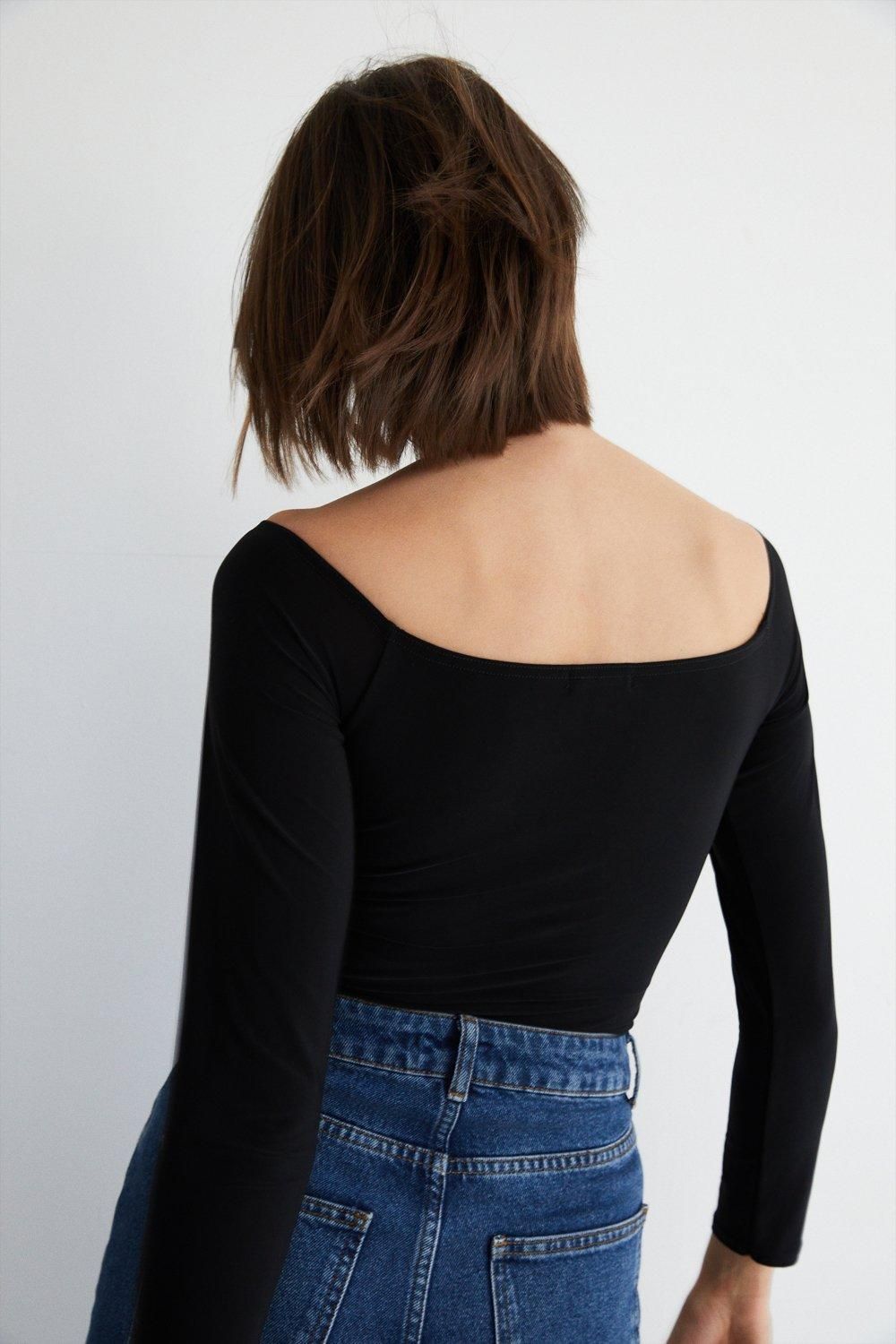 Warehouse Premium Slinky Double Layer Bardot Bodysuit Black image 3