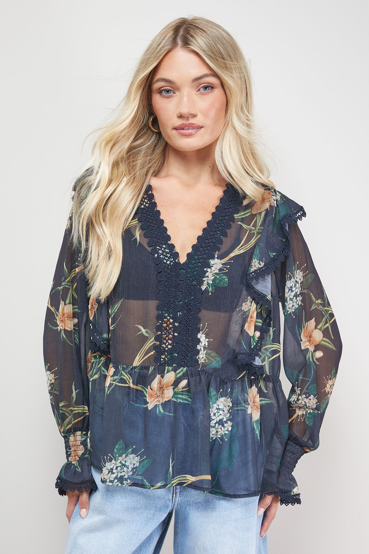 Oasis Printed Frill Detail Sheer Chiffon Blouse Floral image 2