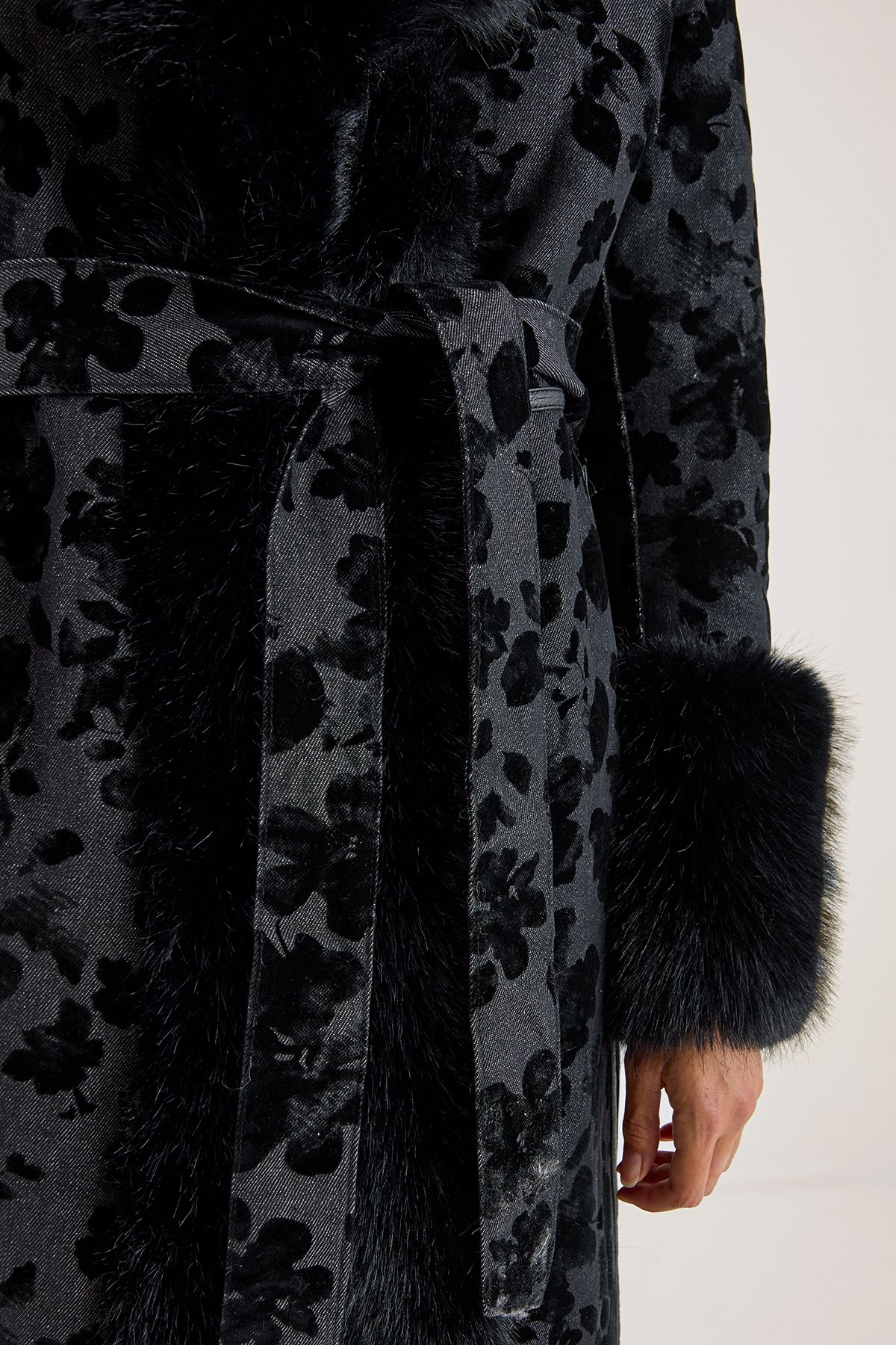NastyGal Faux Fur Floral Jacquard Maxi Coat Black image 3