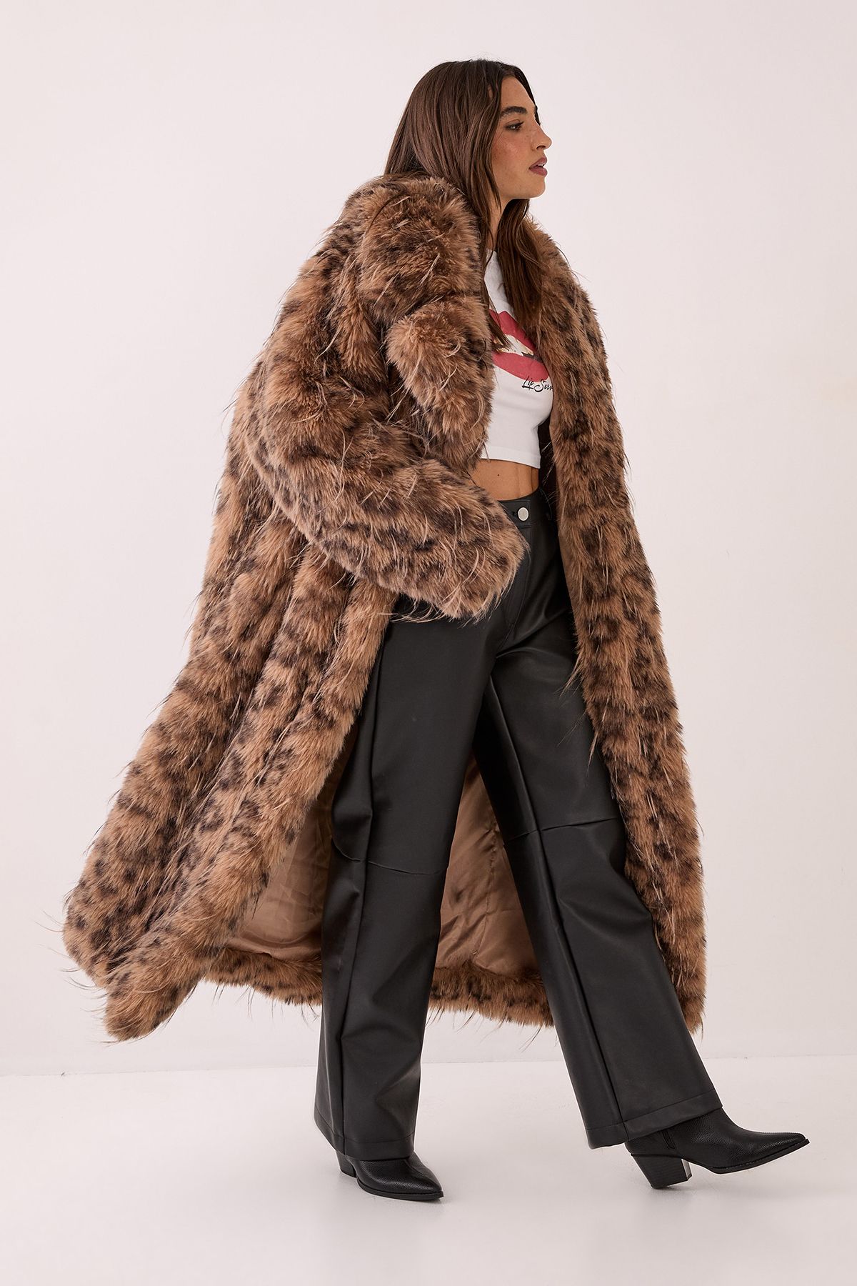 NastyGal Animal Leopard Print Collared Faux Fur Longline Coat Brown image 2