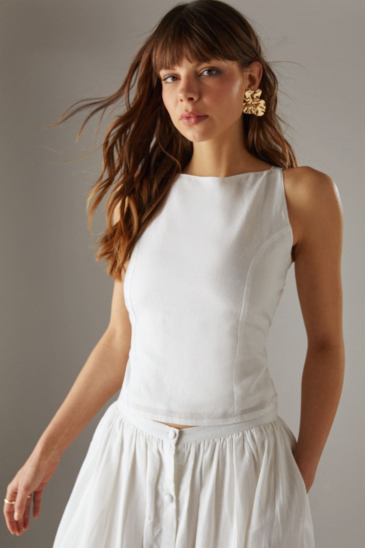 Warehouse Premium Linen Blend Racer Cross Back Crop Top White