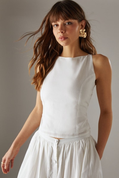 Warehouse Premium Linen Blend Racer Cross Back Crop Top White