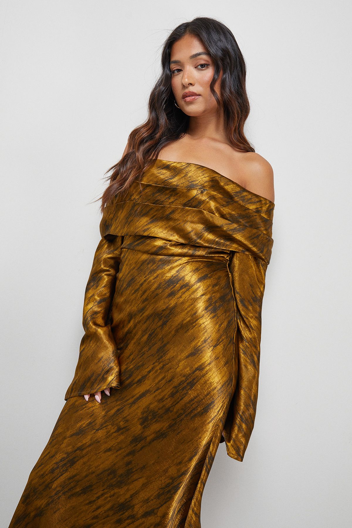 Warehouse Petite Shimmer Satin Foldover Bardot Bias Midi Dress Chocolate image 4