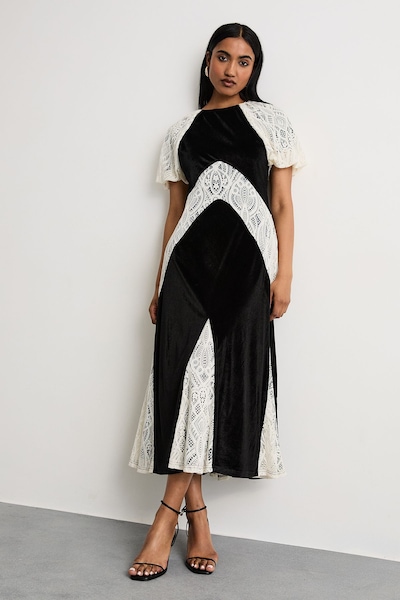 Warehouse Velvet Lace Panelled Midi Tea Dress Black