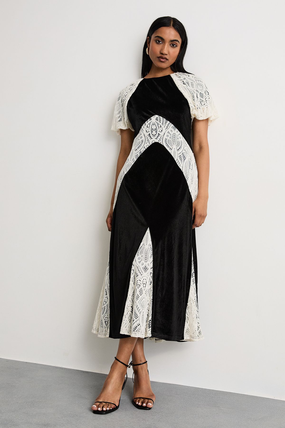 Warehouse Velvet Lace Panelled Midi Tea Dress Black