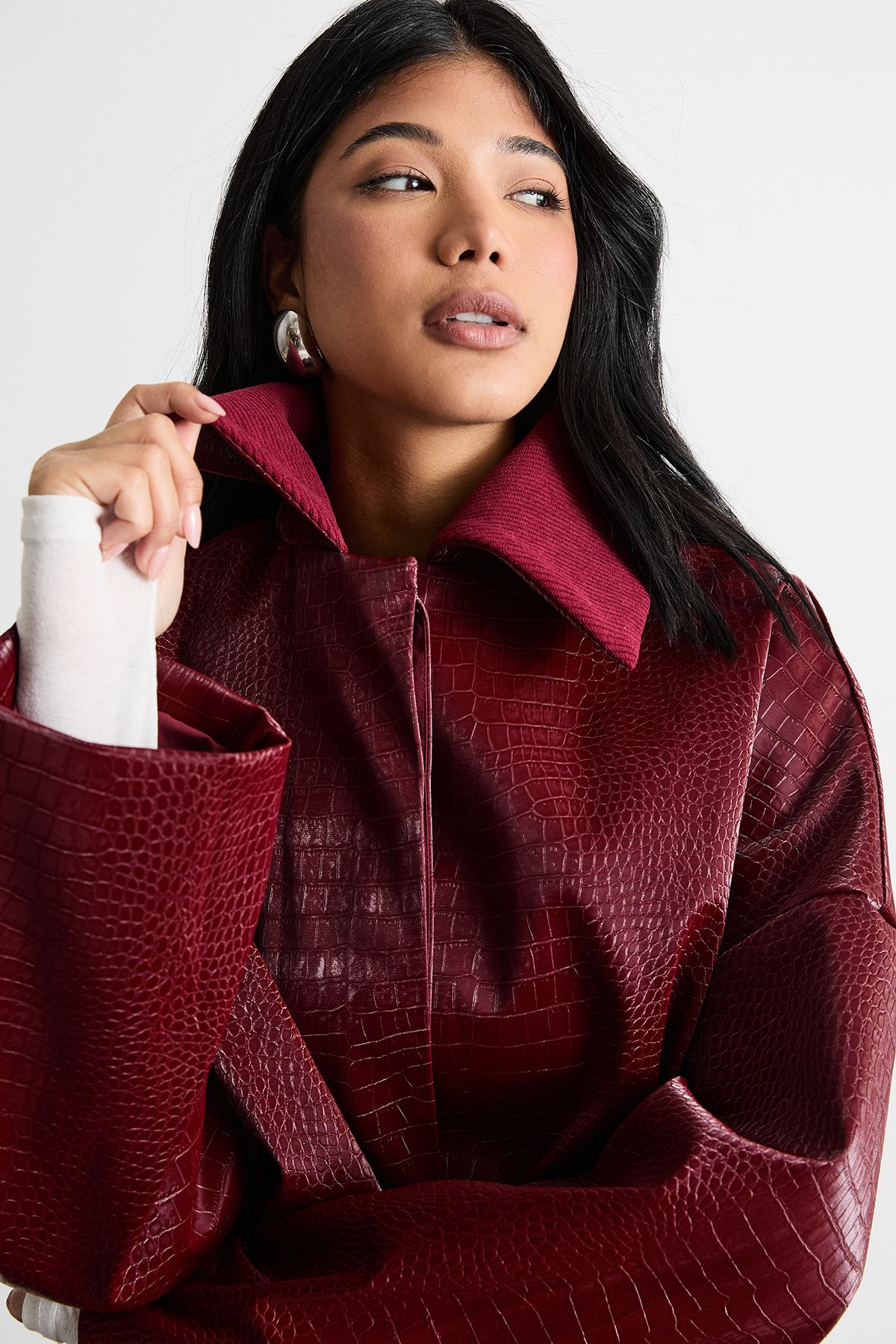 Warehouse Oversized Collared Croc Coat Dark Red image 2