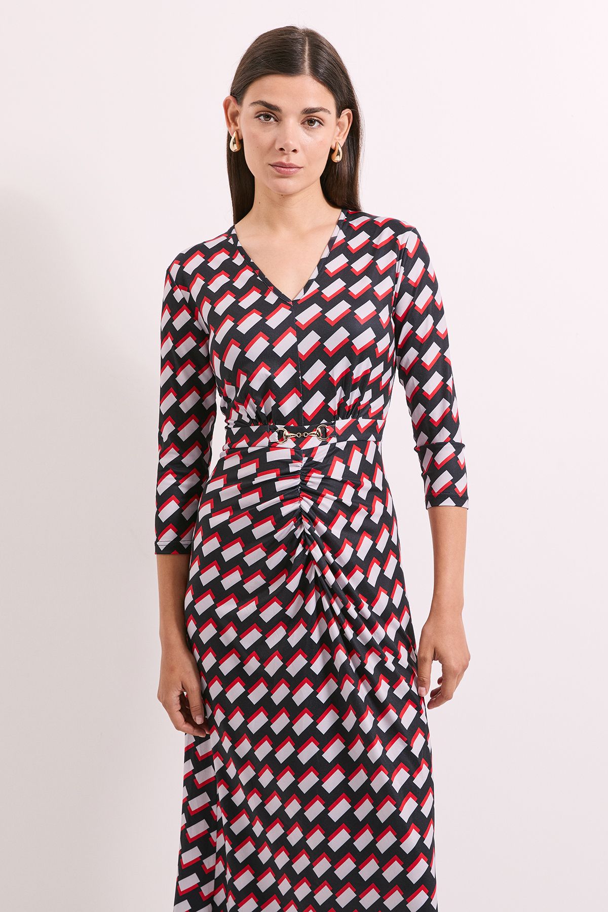 Principles Red Printed Ruched Front Trim Detail Midi Dress Red image 2