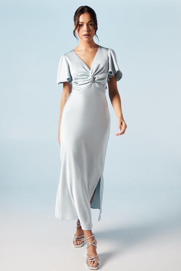 Oasis Satin Twist Front Angel Sleeve Midi Bridesmaids Dress Light Blue