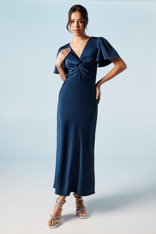 Oasis Satin Twist Front Angel Sleeve Midi Bridesmaids Dress Navy