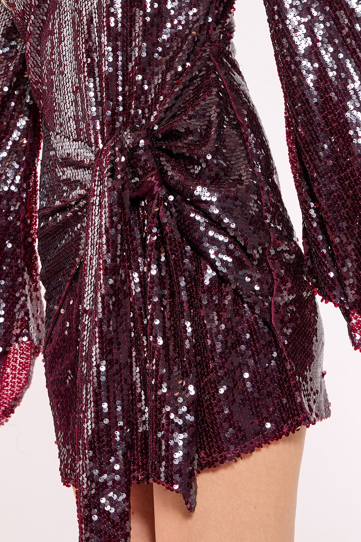 NastyGal Sequin Flared Sleeve Tie Front Mini Dress Burgundy image 5
