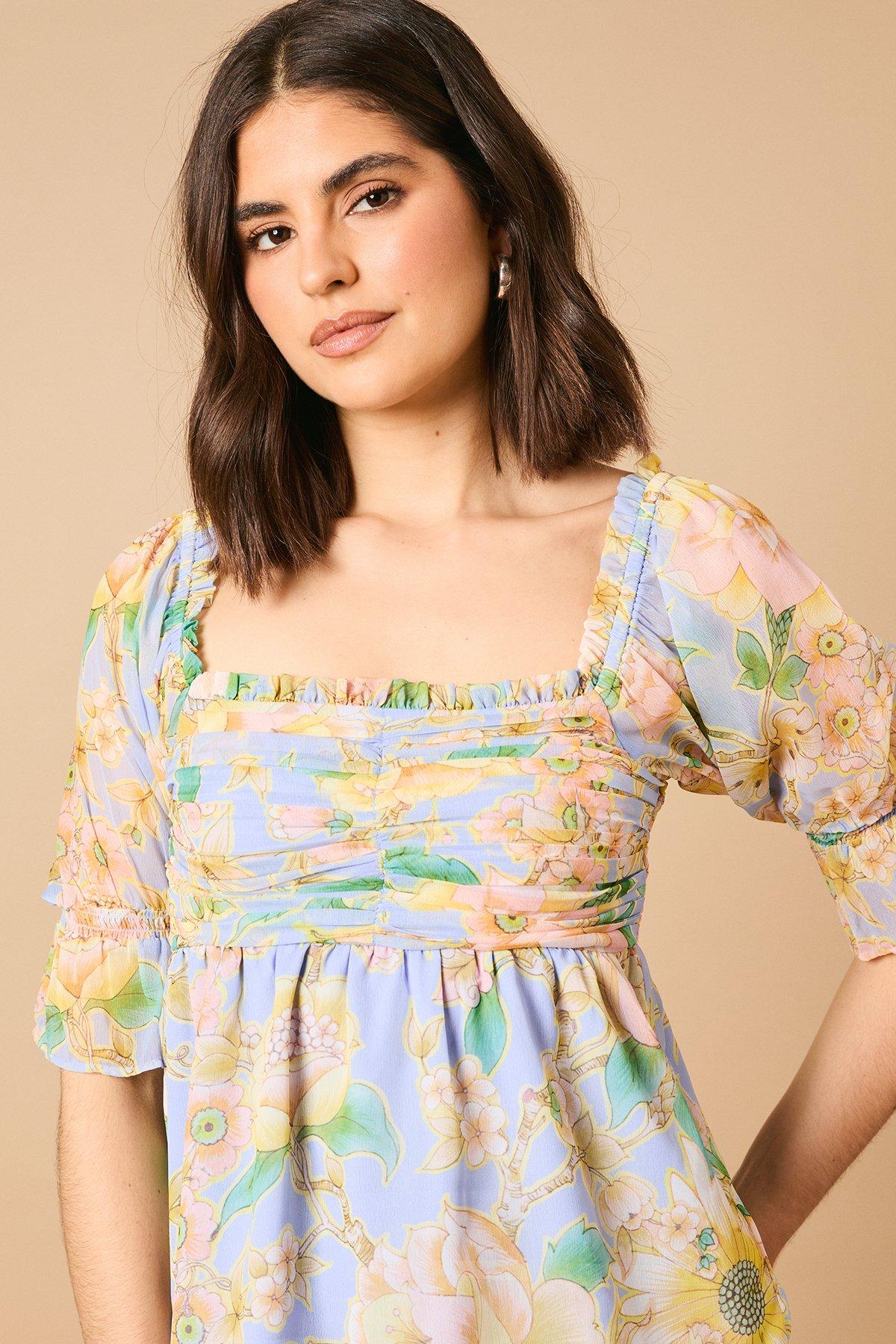 Oasis Floral Ruched Bodice Babydoll Blouse Blue image 3