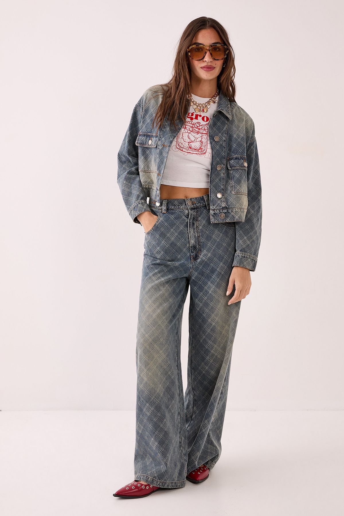 NastyGal Check Denim Distressed Jacket Authentic Midwash image 2