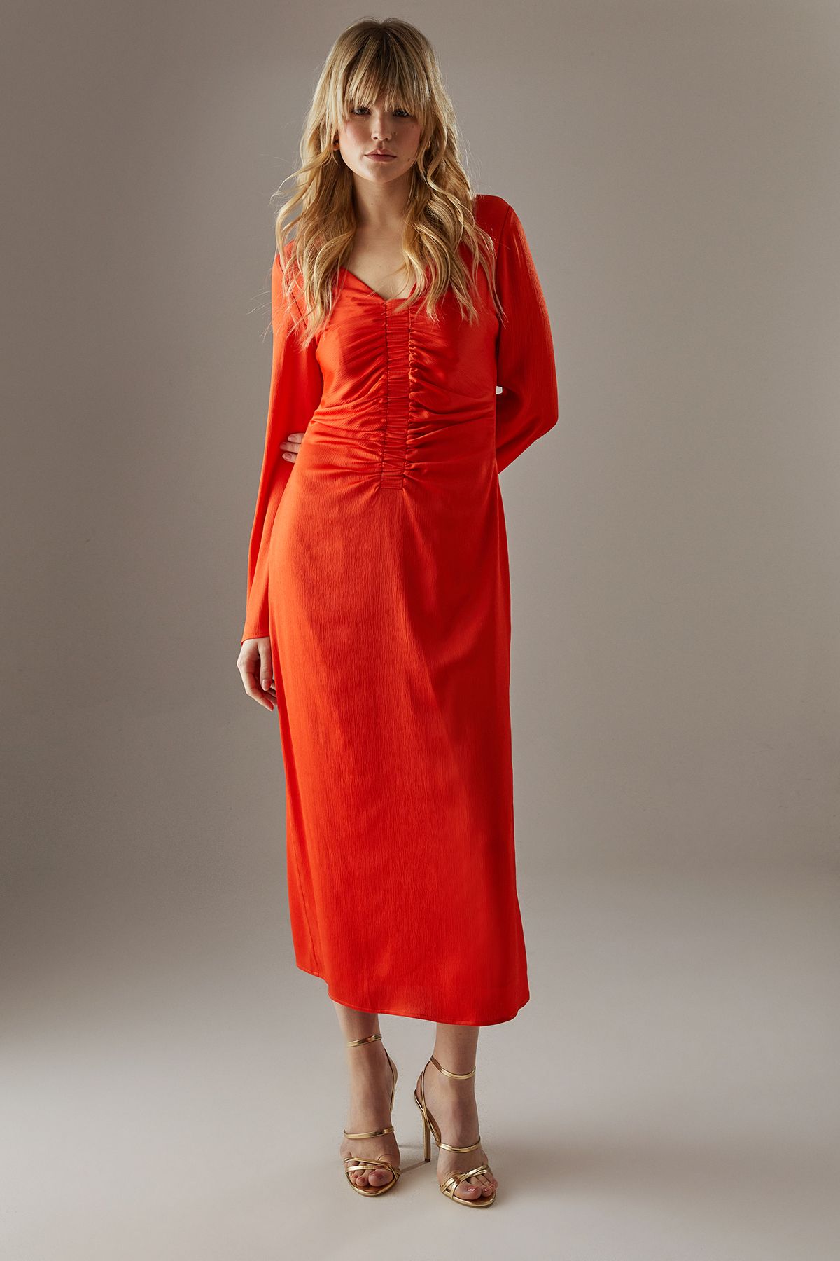 Warehouse Crinkle Satin Ruched Front Column Midi Dress Orange