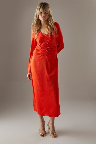 Warehouse Crinkle Satin Ruched Front Column Midi Dress Orange
