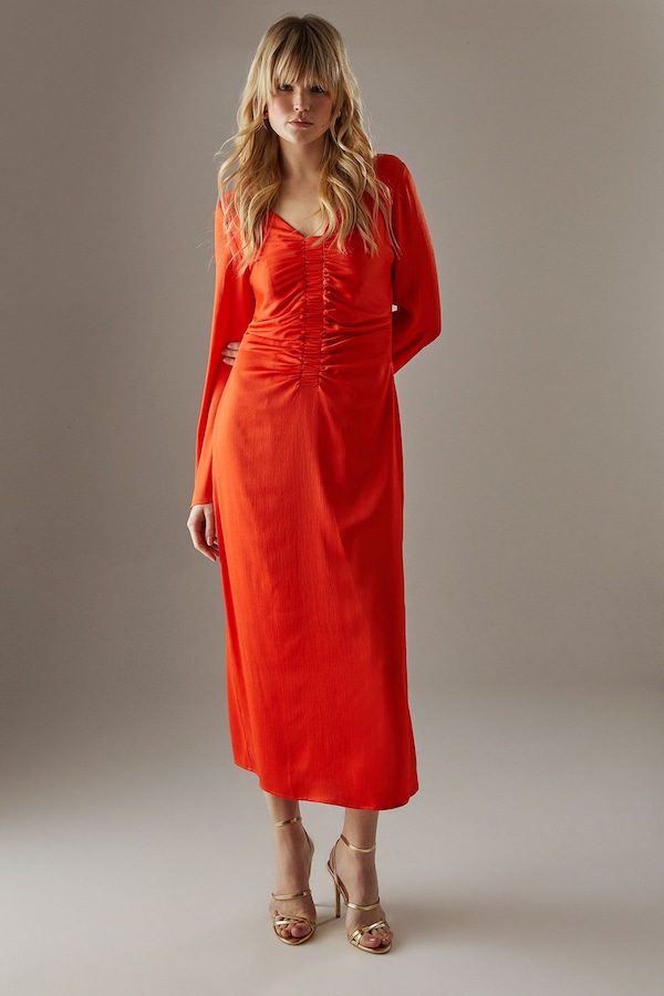 Warehouse Crinkle Satin Ruched Front Column Midi Dress Orange